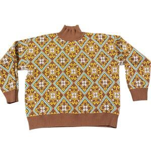 Anna Kay Women’s brown turquoise geometric mock neck sweater, Size L